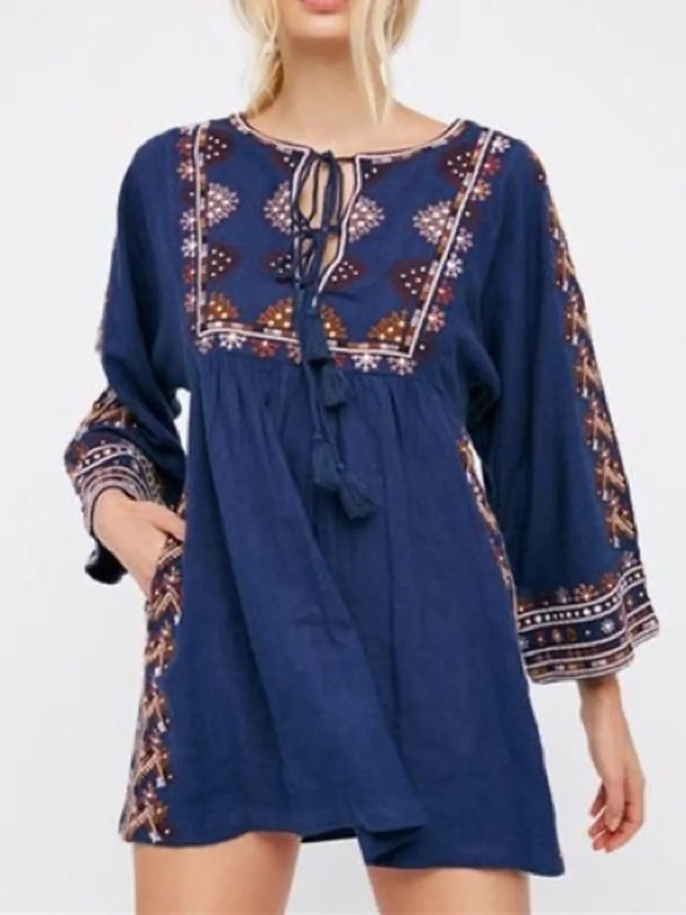 Free People Embroidered Boho Blue Dresses Jolene Bell Sleeve Swing M